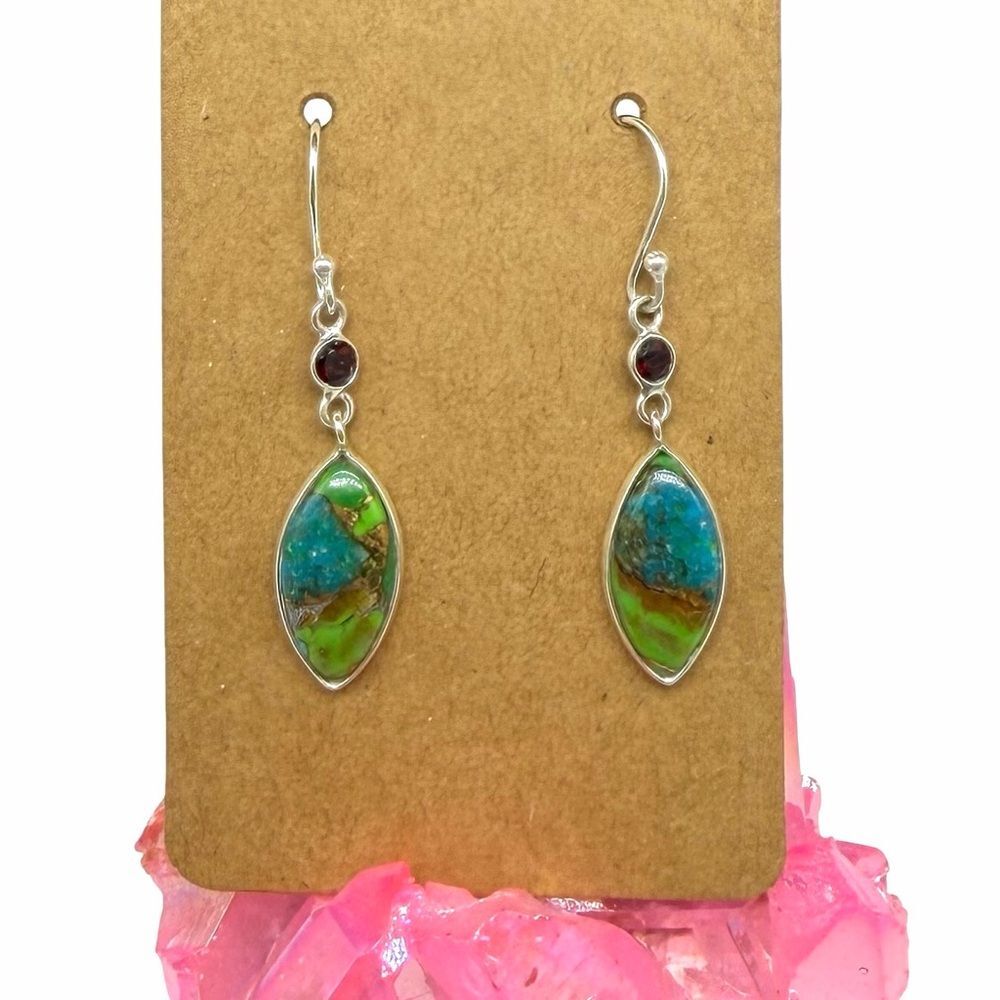 Kingman Green & Blue Turquoise Garnet Earrings Solid 925 Sterling Silver